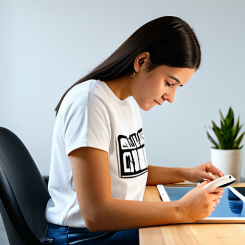 A professional female designer in a modest, stylish, fully clothed outfit, concentrating on a tablet displaying the Canva interface in a modern, brightly lit creative studio. She has a natural pose, with perfect anatomy, correct proportions, well-formed hands, and proper finger count. Finished custom merchandise like a T-shirt and a mug are visible in the soft background. The image is a high-resolution, professional photograph with natural lighting, safe for work, appropriate content, and family-friendly.