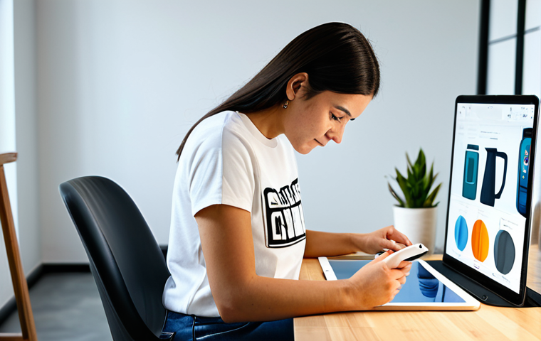 A professional female designer in a modest, stylish, fully clothed outfit, concentrating on a tablet displaying the Canva interface in a modern, brightly lit creative studio. She has a natural pose, with perfect anatomy, correct proportions, well-formed hands, and proper finger count. Finished custom merchandise like a T-shirt and a mug are visible in the soft background. The image is a high-resolution, professional photograph with natural lighting, safe for work, appropriate content, and family-friendly.