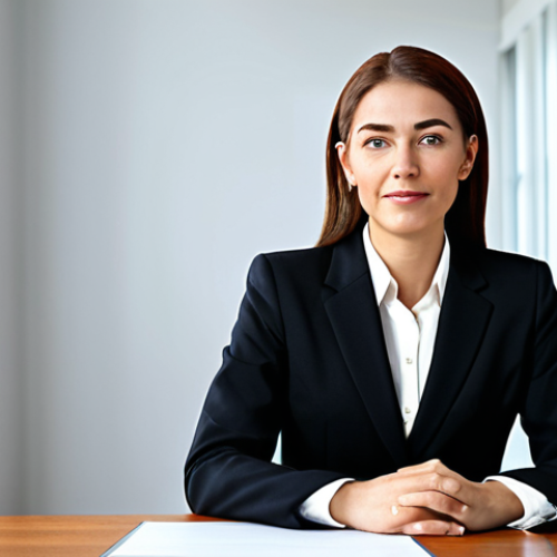 **

A professional businesswoman in a modest business suit, sitting at a desk in a modern office. Fully clothed, appropriate attire, safe for work. Perfect anatomy, natural proportions, professional photography, high quality.

**